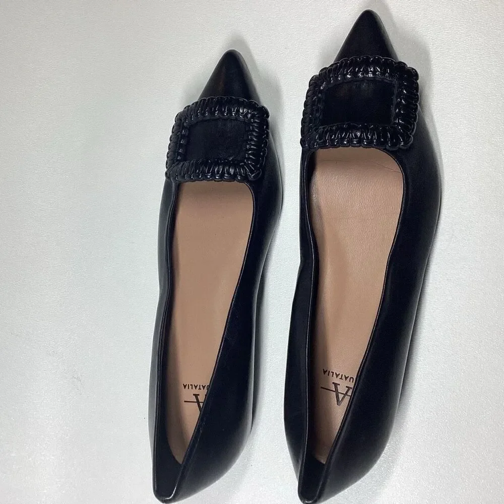 Aquatalia Adorned Black Woven‎ Leather Square Toe Flats  Size 7
